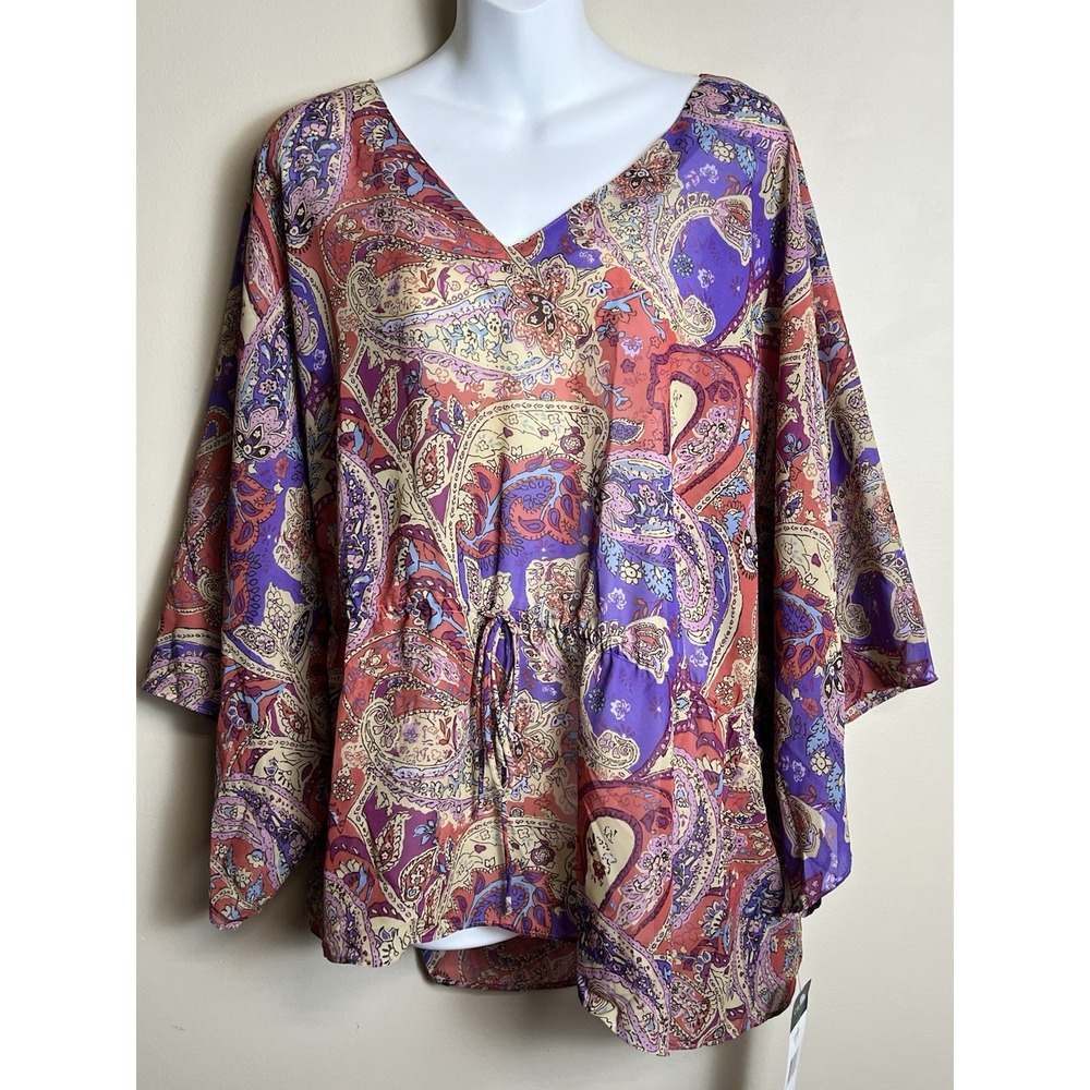 Chaps Floral V Neck Tie Waist Kimono Sleeve Sheer Top XL Boho Resort Cruise
